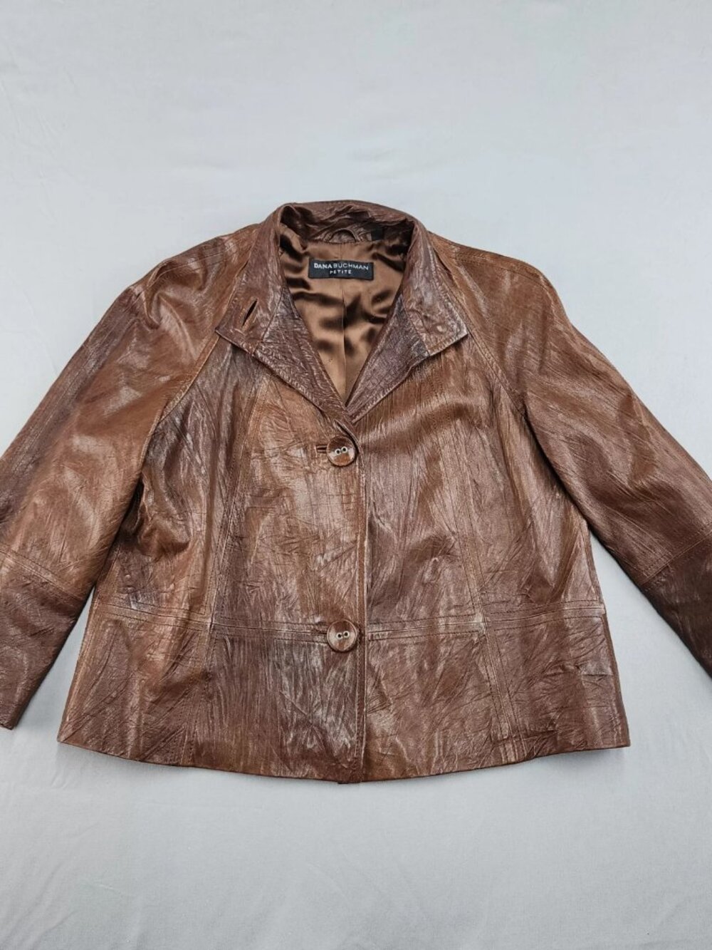 DANA BUCHMAN PETITE Brown Leather Blazer Jacket Women's Petite XS 3/4 Sleeve